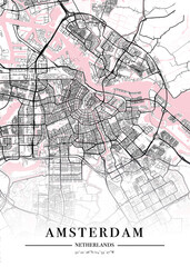 Amsterdam city map poster print. Detailed map of Amsterdam (Netherlands). 