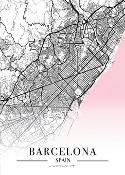 Barcelona city map poster print. Detailed map of Barcelona (Spain). 