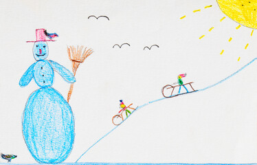Children's drawing of snowman and sledging kids
