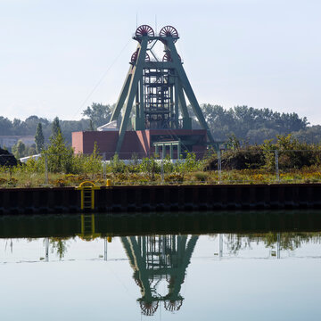 Shaft tower at Haus Aden mine in front of Datteln-Hamm Canal