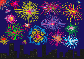 Child's drawing of colourful fireworks over skyline