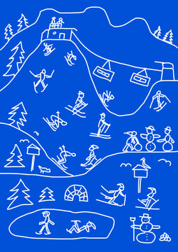 Child's drawing of several winter vacation activities