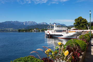 Historical paddle steamer Gisela on esplanade against blue sky during sunny day, Gmunden, Salzkammergut, Traunsee, Upper Austria, Austria