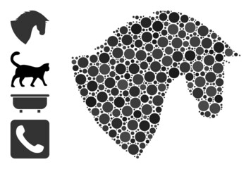 Round dot composition horse head. Vector mosaic is based on horse head icon, and done with randomized spheric items. Vector icon of horse head formed of randomized circle items.