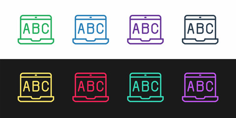 Set line E-learning of different foreign languages icon isolated on black and white background. Vector