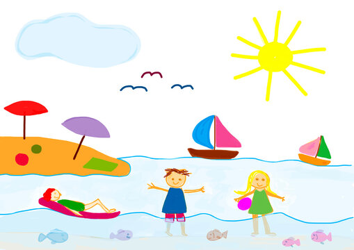 Child's drawing with brother and sister enjoying the sea