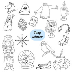 Cute cozy doodle set on the theme of winter, winter icons, doodle winter