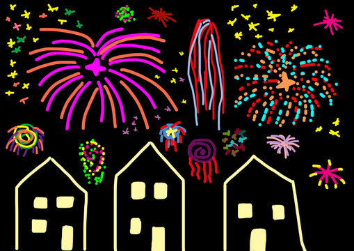 Child's drawing of colourful fireworks over houses