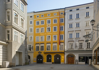 Austria, Salzburg, Mozarts birthplace in the Getreidegasse empty amid Coronavirus pandemic