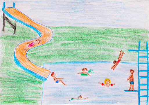 Child's drawing of outdoor pool with water slide
