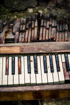 Close-up of old piano in backyard