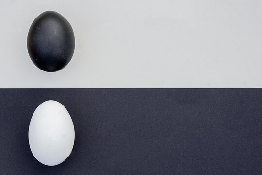 Studio shot of black and white eggs on contrasting backgrounds