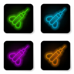 Glowing neon line Dart arrow icon isolated on white background. Black square button. Vector