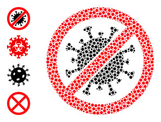 Rounded dot mosaic stop virus. Vector mosaic is based on stop virus icon, and organized of scattered spheric items. Vector icon of stop virus formed with scattered spheric dots.