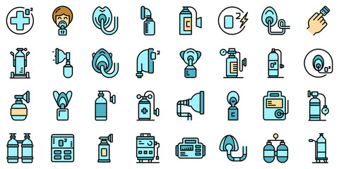 Medical oxygen concentrator icons set outline vector. Aid doctor. Air clinic oxugen - obrazy, fototapety, plakaty