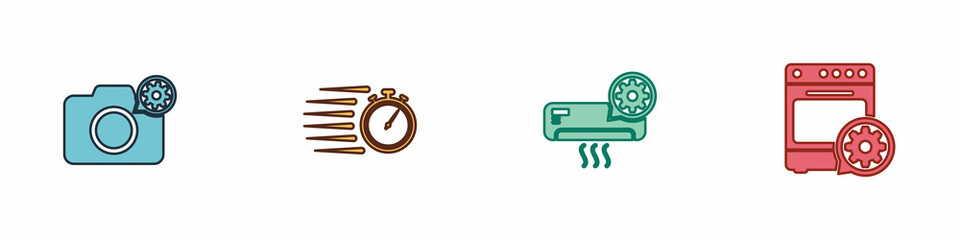 Set Photo camera setting, Stopwatch, Air conditioner and Oven icon. Vector