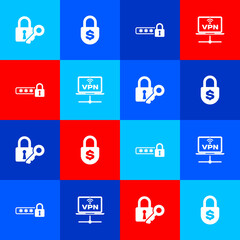 Set Lock and key, Money lock, Password protection and VPN Computer network icon. Vector