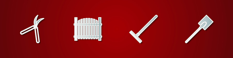 Set Gardening handmade scissor, fence, rake and shovel icon. Vector