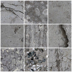 Texture set of old cracked concrete walls. Rough gray concrete surfaces with stones. Backgrounds collection for design.