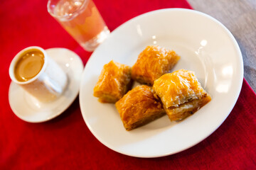 Traditional Turkish baklava and a cup of coffee