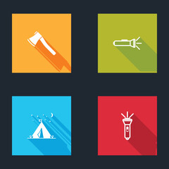 Set Wooden axe, Flashlight, Tourist tent with flag and icon. Vector