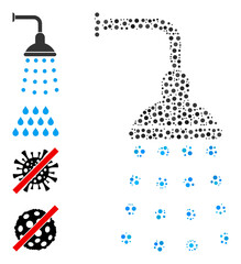 Round dot collage shower. Vector mosaic is based on shower icon, and organized with scattered round parts. Vector icon of shower organized with scattered spheric items.