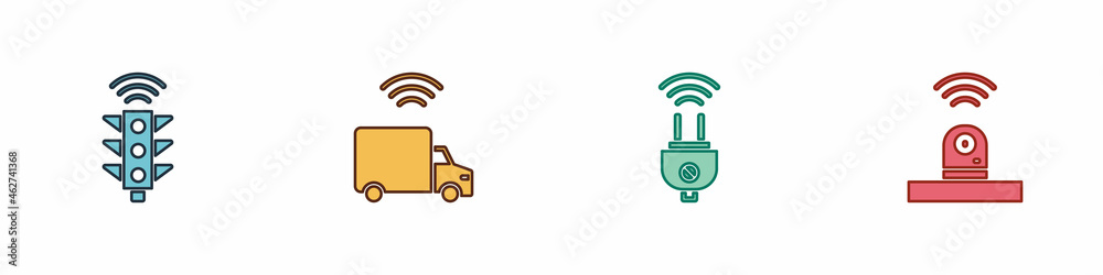 Poster Set Smart traffic light, truck, electric plug and security camera icon. Vector