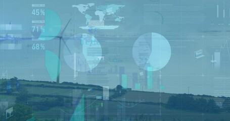 Animation of statistics and data processing over wind turbines in countryside landscape - Powered by Adobe