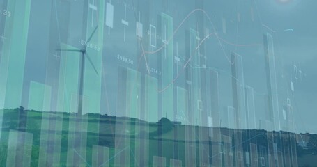 Animation of statistics and data processing over wind turbines in countryside landscape - Powered by Adobe