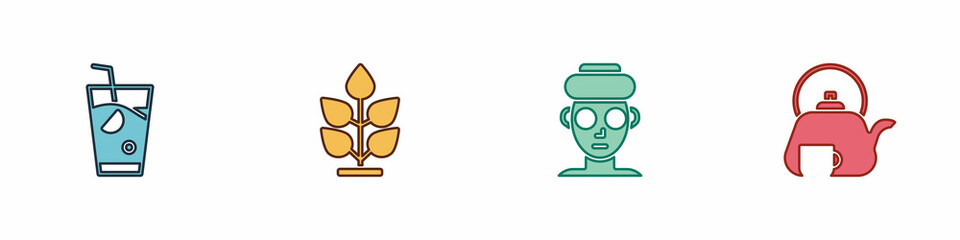 Set Fresh smoothie, Plant, Facial cosmetic mask and Teapot with cup icon. Vector