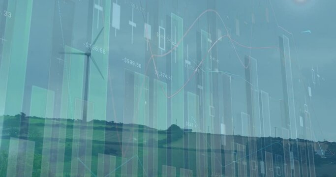 Animation of statistics and data processing over wind turbines in countryside landscape - Powered by Adobe