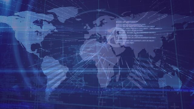 Animation of financial data processing and world map on blue background