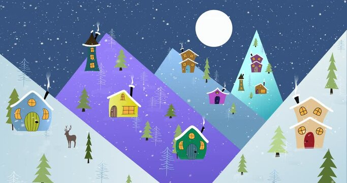 Animation of christmas winter scenery with decorated houses