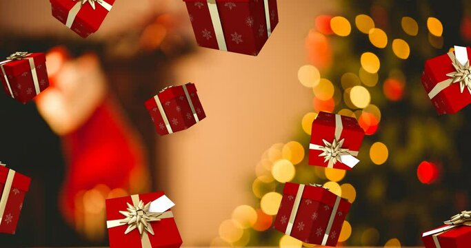 Animation of presents falling over christmas tree