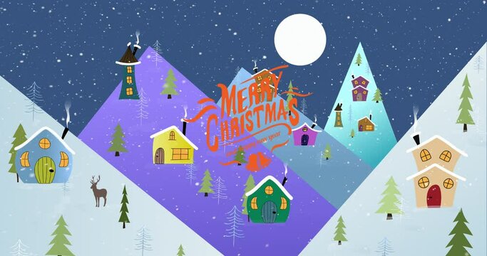 Animation of merry christmas text over winter scenery