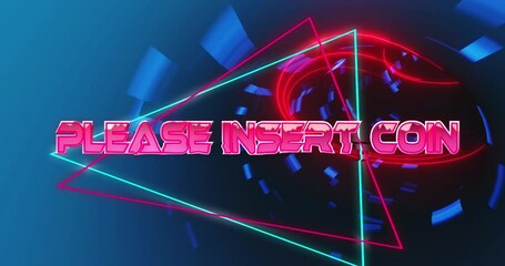 Animation of please insert coin text over moving digital tunnel