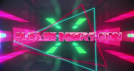 Animation of please insert coin text over moving digital tunnel