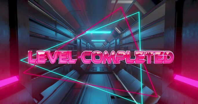 Animation of level completed text over digital tunnel