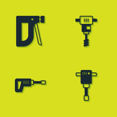 Set Construction stapler, jackhammer, Rotary drill machine and Electrical hand concrete mixer icon. Vector