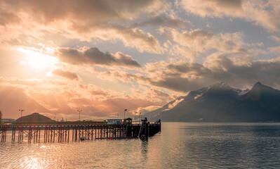 Fototapeta premium View of sunrise from Kelsey Dock , Valdez , Alaska.