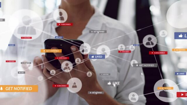 Animation of network of connection with icons over woman using smartphone