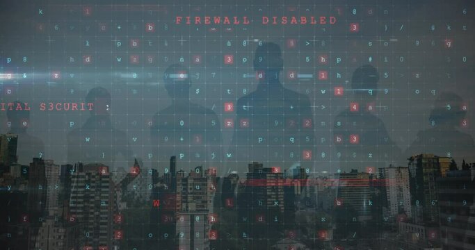 Animation of cyber crime text over cityscape