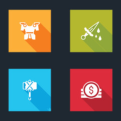 Set Body armor, Sword with blood, Medieval axe and Ancient coin icon. Vector