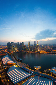 Singapore, Aerial view of Singapore Marina bay at dusk