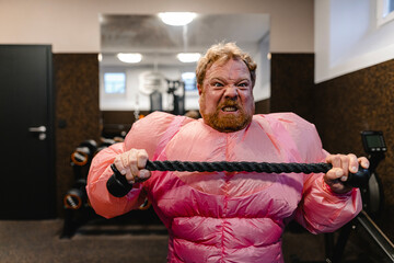 Man wearing pink bodybuilder costume practicing in gym