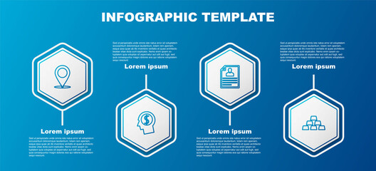 Set line Map pin, Business man planning mind, Resume and Gold bars. Business infographic template. Vector