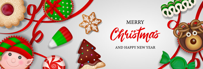 Christmas banner with candies, cookies and cakes
