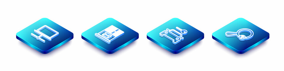 Set Isometric line Computer network, Mail server, Car rental and Unknown search icon. Vector