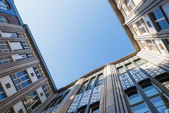 Germany, Berlin, courtyard of Hackesche Hoefe, view from below