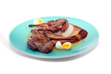 Quail stew with seasoning chili pasilla onion accompanied by egg in Mexico city isolated on white background